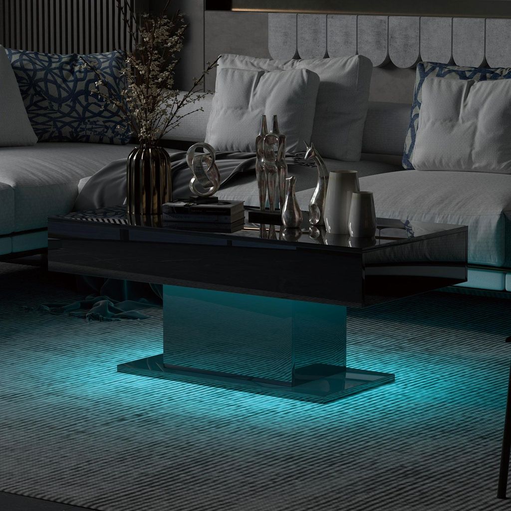 Radelldar Modern Couchtisch Wohnzimmertisch Hochglanz mit Beleuchtung, USB, 110x55x50cm, Schwarz