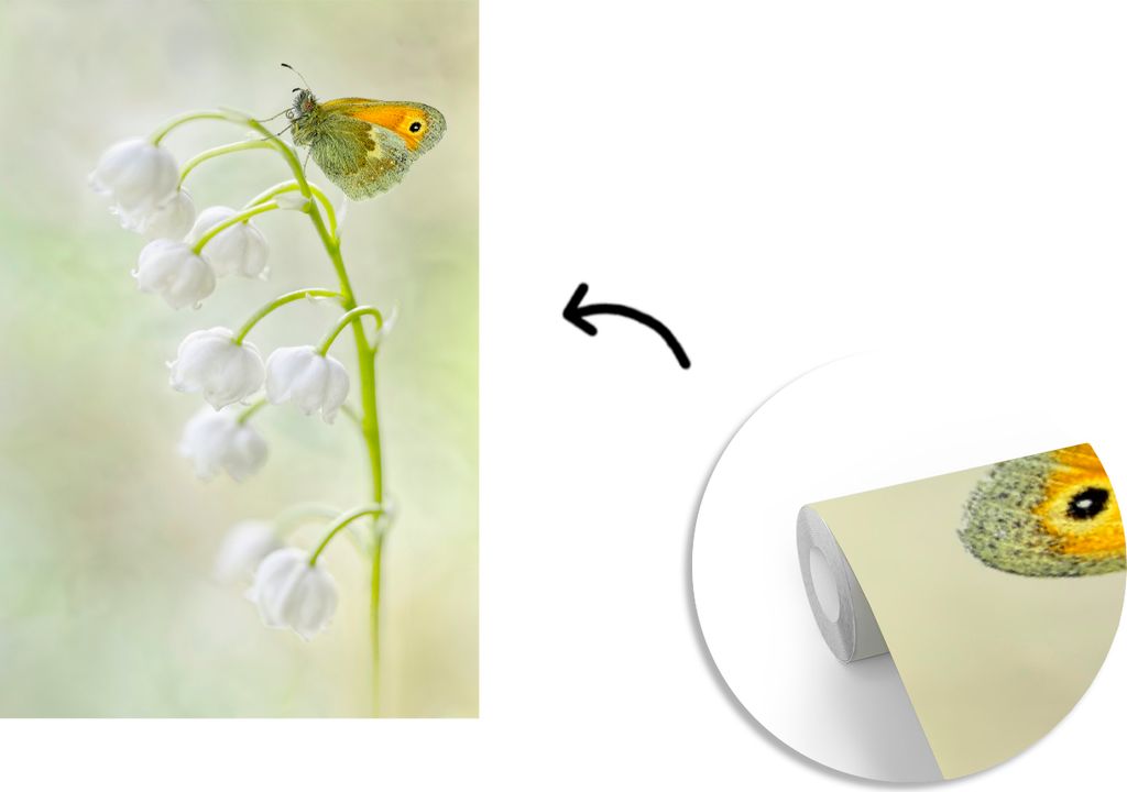 MuchoWow Fototapete für Wohnzimmer oder Schlafzimmer Wandtapete Vinyl Motivtapete Ein Schmetterling auf einem Maiglöckchen - 175x260 cm - Vinyl...