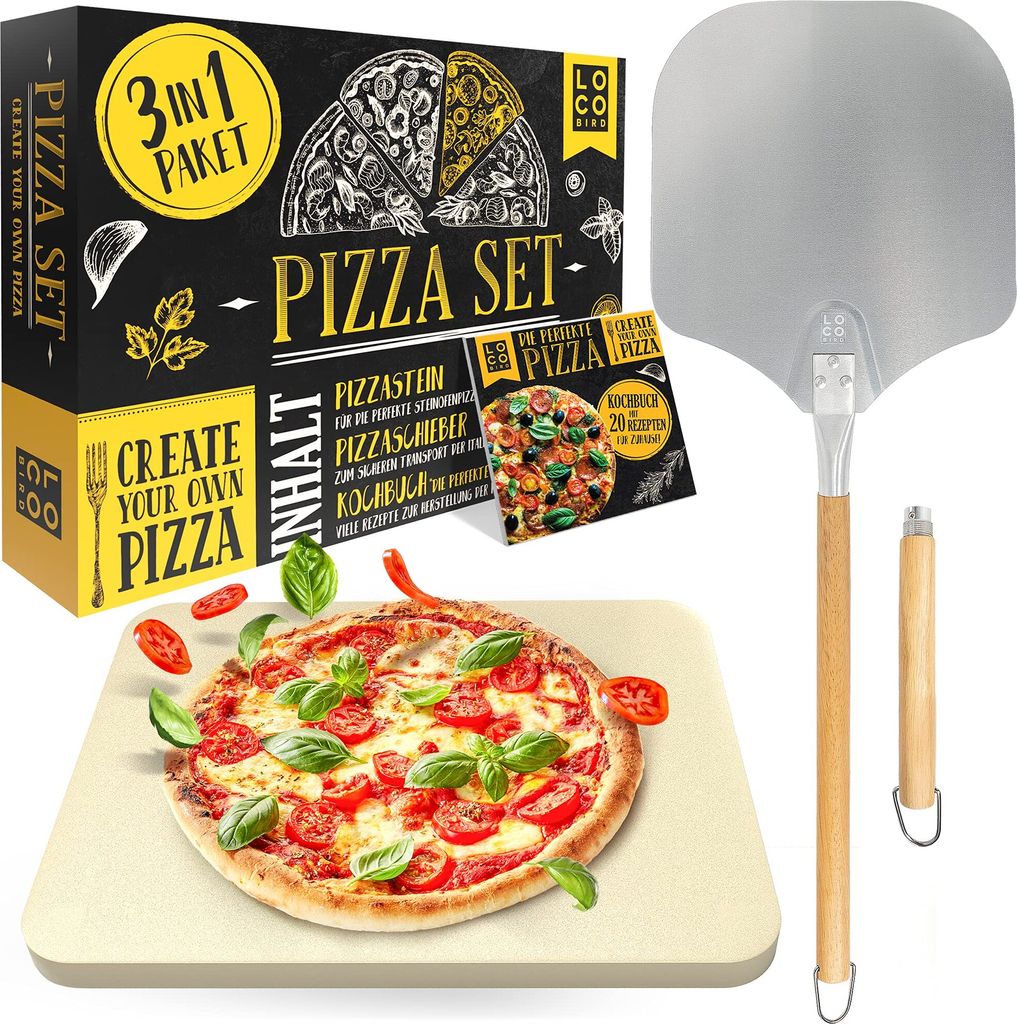 Backstein für Backofen & Gasgrill inkl. Pizzasschieber, 3er Set, Pizzastein rechteckig aus Cordierit, Pizzaschieber und Rezeptbuch