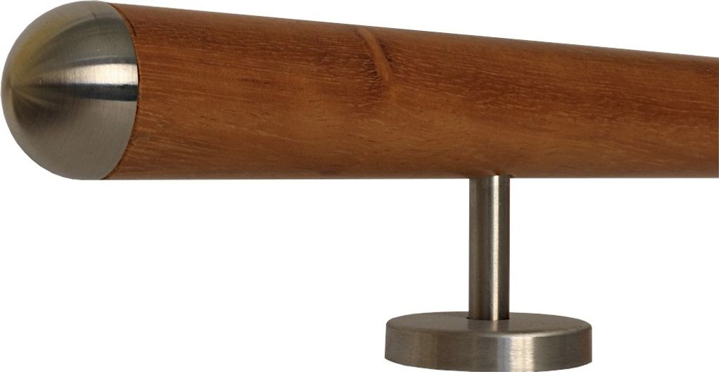 TIBU Kambala Handlauf Holz Ø 42 mm gerade Edelstahlhalter, Länge 470 cm mit 6 Halter und Ende halbrunde Edelstahlkappe