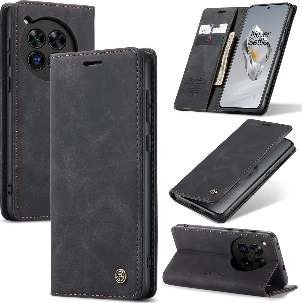 Cover Business per OnePlus 12: Finto Cuoio Nero e Funzione Stand
