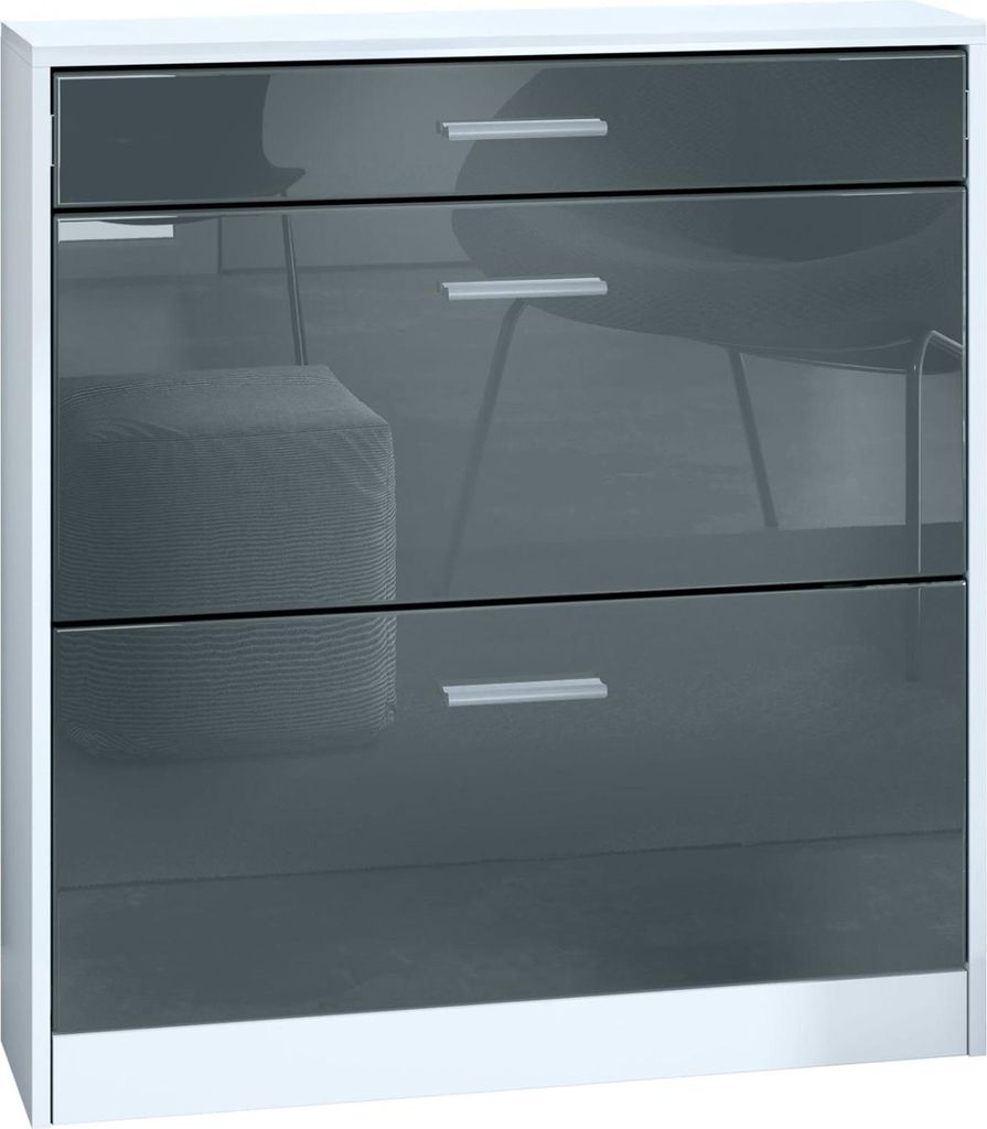 InnoFurn Schuhschrank Roma Schmal mit 2 Klappen und 1 Schublade, Platzsparender Schuhkipper Flurschrank für Diele Flur Garderobe, Weiß matt/Grau ...