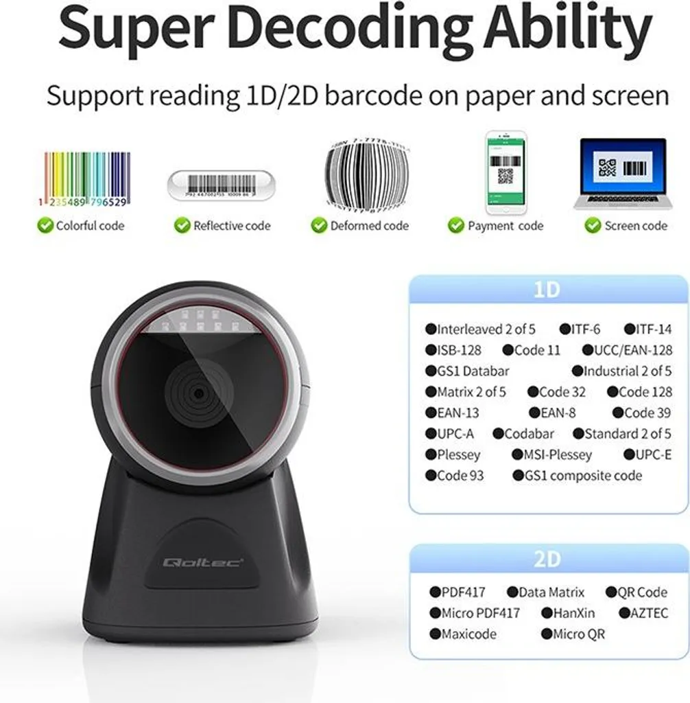 Scanner de Code-Barres Fixe 2D et QR Code Qoltec pour Comptoir de Vente - 5
