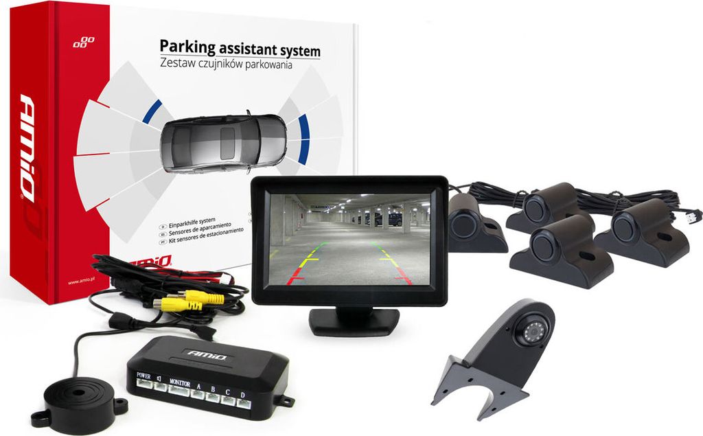Parkassistent Set TFT01 4,3" Monitor mit HD-502-IR Kamera & 4 Sensoren Schwarz LKW