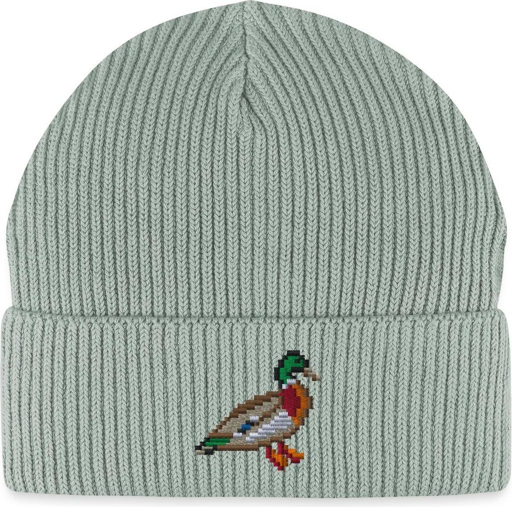 Spreadshirt Gestickte Pixel Ente Fisherman Beanie Bio Mütze, One size, Helles Graugrün