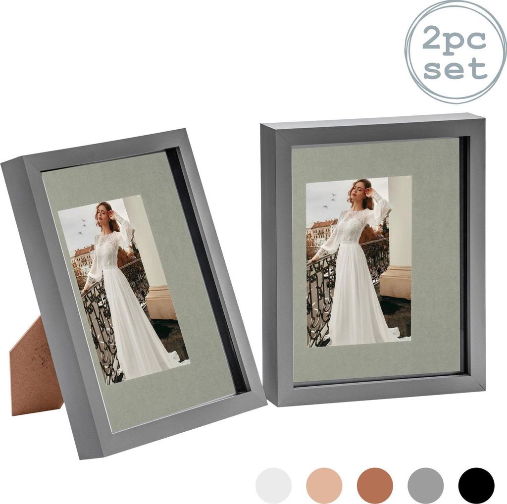 Nicola Spring Stück 2 8 x 10 3D-Schatten-Kasten-Foto-Rahmen-Set - Craft Anzeigen Bilderrahmen mit 4 x 6 Montage - Glas Aperture - Grau / Grau