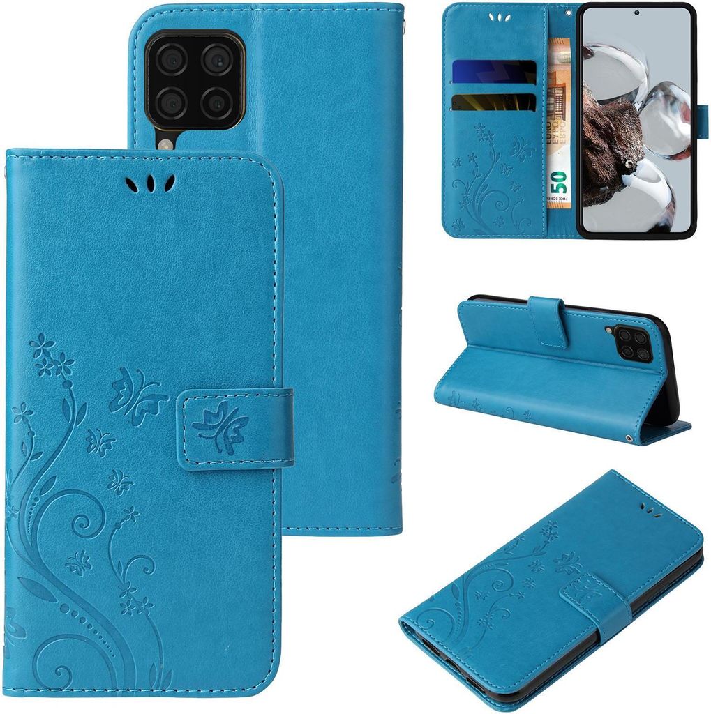 Handyhülle für Huawei P40 Lite Floral Blumen Schmetterling Flip Cover Hülle Case Klapphülle Handytasche Farbe: Blau