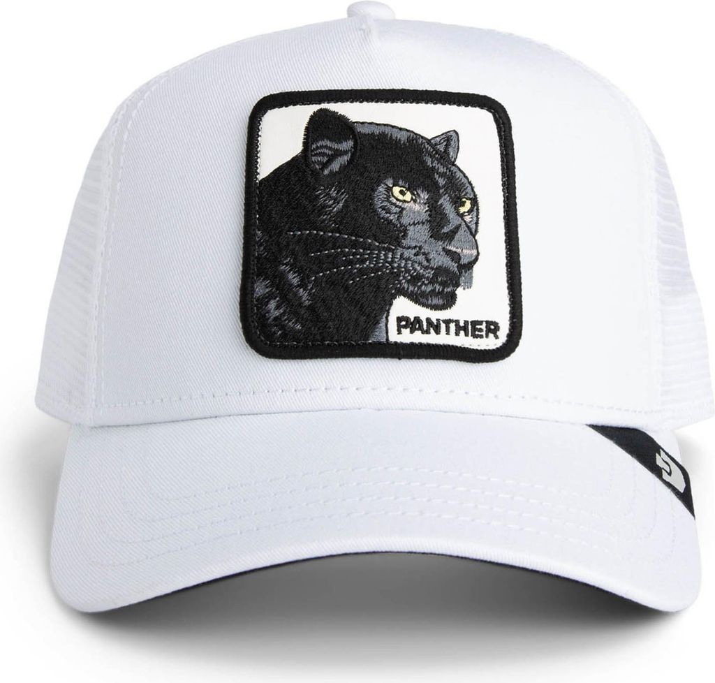 A white trucker cap with a black panther patch on the front.