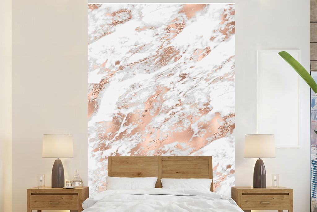 MuchoWow Fototapete für Wohnzimmer oder Schlafzimmer Wandtapete Vinyl Motivtapete Marmor - Gold - Weiß - 145x220 cm - Wanddekoration