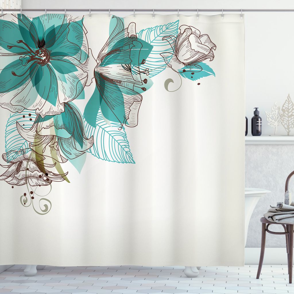 ABAKUHAUS Türkis Duschvorhang, Blumen-Knospen Blatt Festliche, Bakterie Schimmel Resistent inkl. 12 Haken Waschbar Stielvoller Digitaldruck, 175 x...