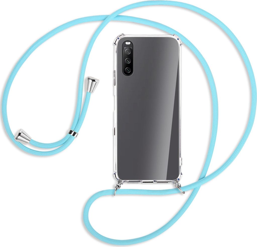 Handykette Backcover-Schutzhülle mit Band (Metall silberfarben) für Sony Xperia 10 III - himmelblau