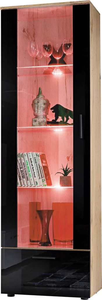 Komodee, Vitrine Schrank Alessandria, Wotan/Schwarz, Breite 60cm x Höhe 192cm x Tiefe 42cm, 3 Glasböden, 1 Regal aus laminierter Platte, für Woh...