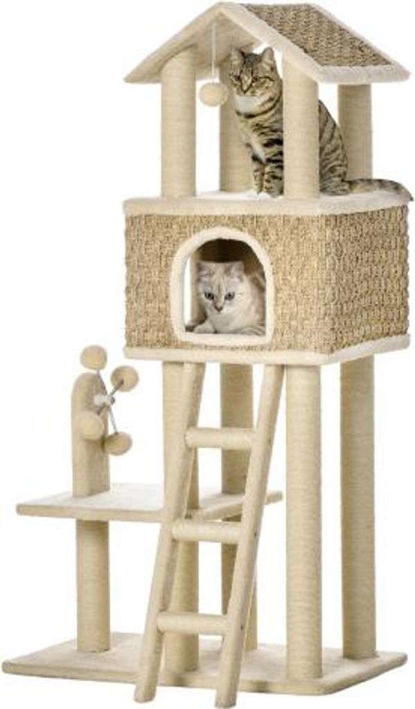 40x69x131cm Kratzbaum Grosser Katzenbaum Mit Katzenhoehle Spielbaellen Jutestaemme Khaki Beige Spanplatte Pluesch