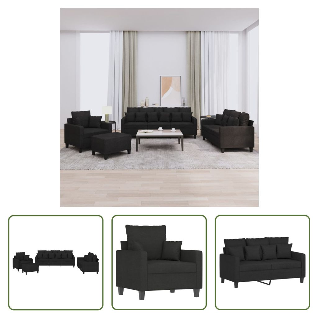 The Living Store 4-tlg. Sofagarnitur mit Kissen Schwarz Stoff