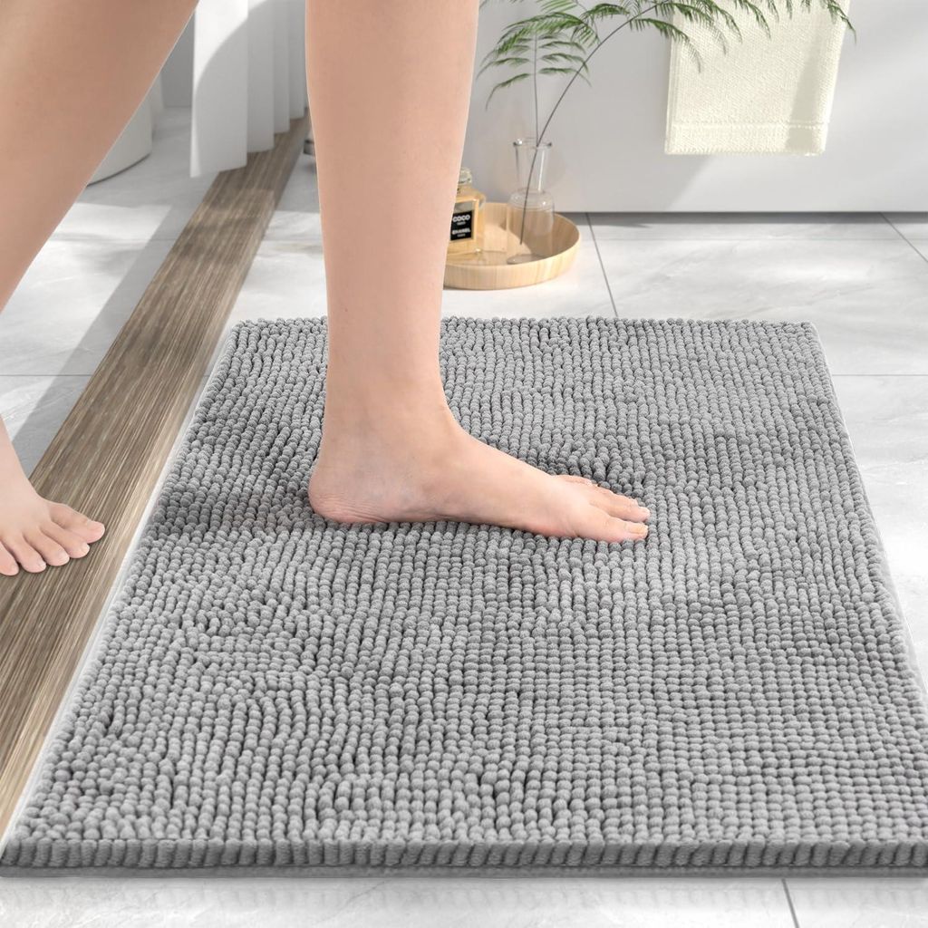 Chenille-Badematte, 80 x 50 cm, rutschfest, super saugfähig, waschbar, für Dusche und Badewanne geeignet, hellgrau
