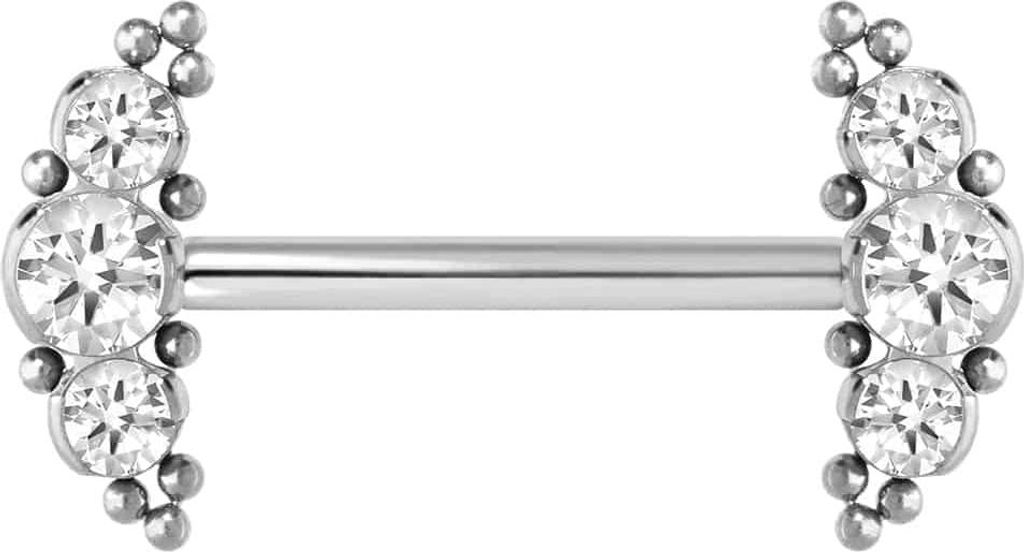Zungenpiercing, Intim-Piercing Titan Barbell mit Push Fit 3 KRISTALLE + KUGELN Silber Stablänge: 16mm