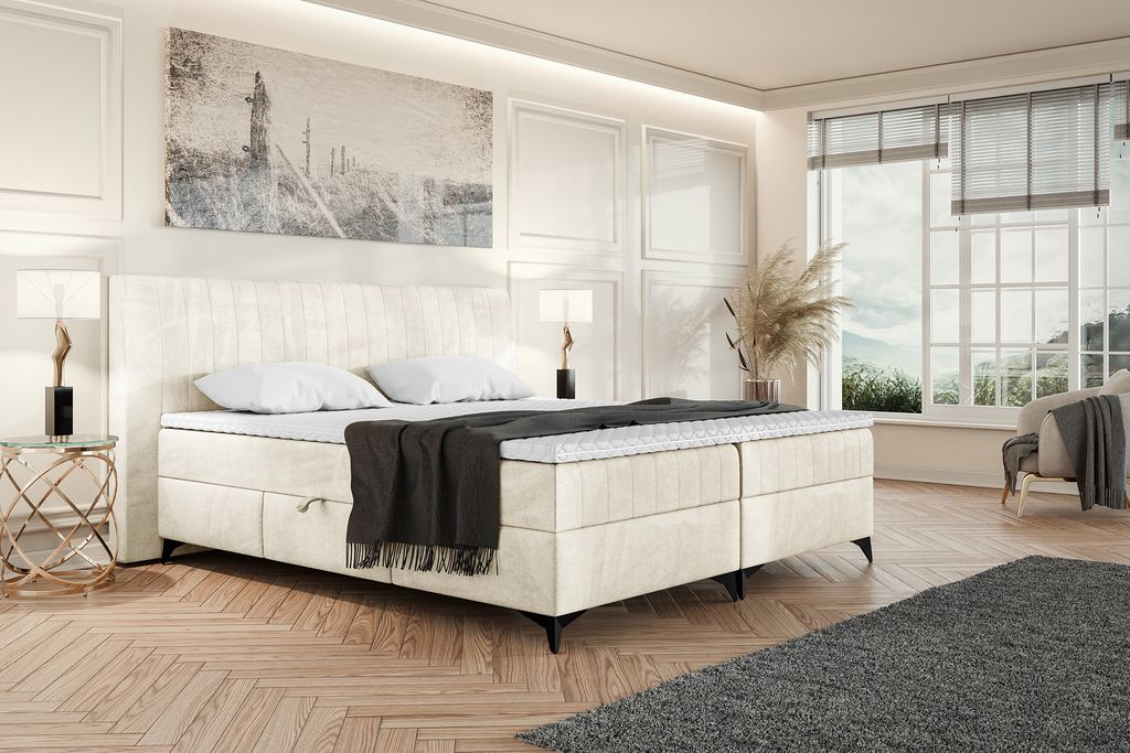 MEBLINI Boxspringbett mit Bettkasten - Gepolstert Doppelbett mit Matratze und Topper - Polsterbett mit Stauraum - Bett mit Kopfteil - Stauraumbett ...