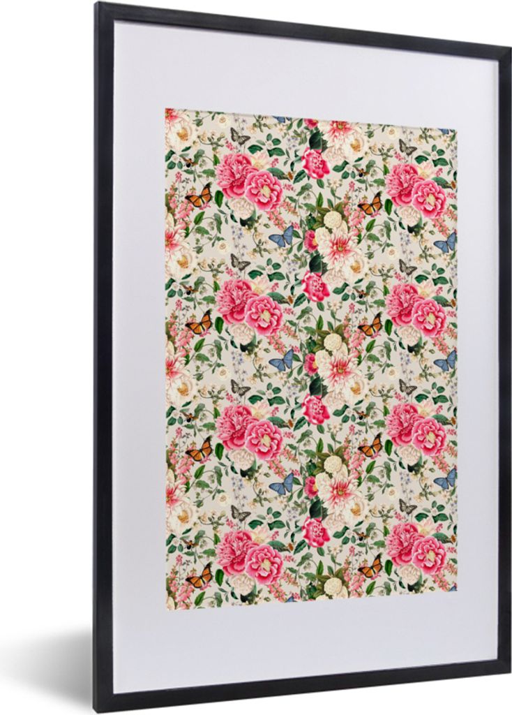 MuchoWow MuchoWow Gerahmtes Poster Sommerblumen - Schmetterling - Pastell 40x60 cm - Poster mit zchwarzem Bilderrahmen - Poster in Rahmen
