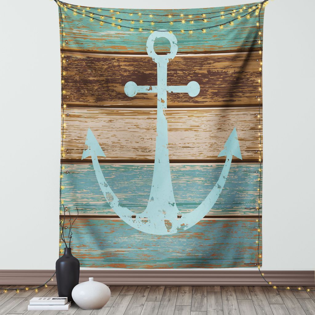 ABAKUHAUS Anker Wandteppich, Timeworn Marinesymbol auf verwitterten hölzernen Planken rustikales Seethema, Wohnzimmer Schlafzimmer Seidiger Satin ...