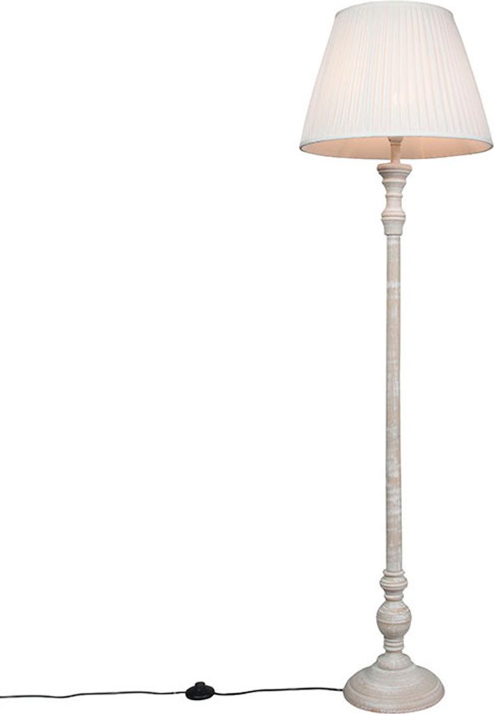QAZQA - Retro Ländliche Stehlampe grau mit weißem Plisseeschirm - Classico I Wohnzimmer I Schlafzimmer - Holz Rund - LED geeignet E27