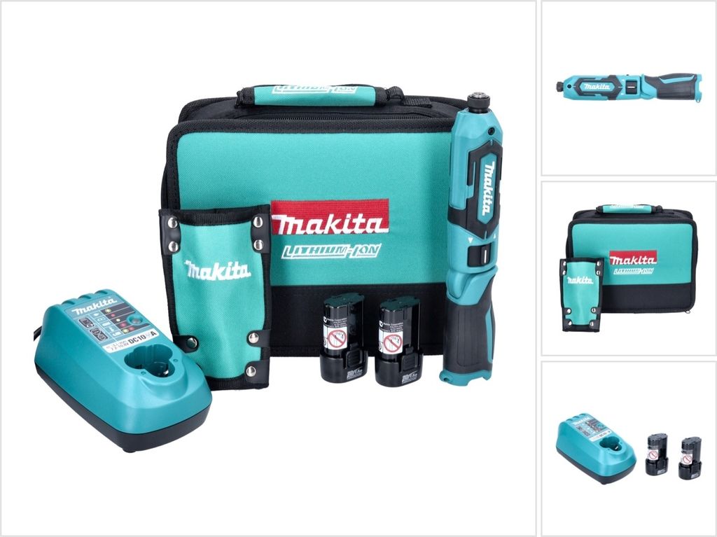 A collage of images showing a Makita cordless screwdriver set, including the tool, batteries, charger, and storage bag.