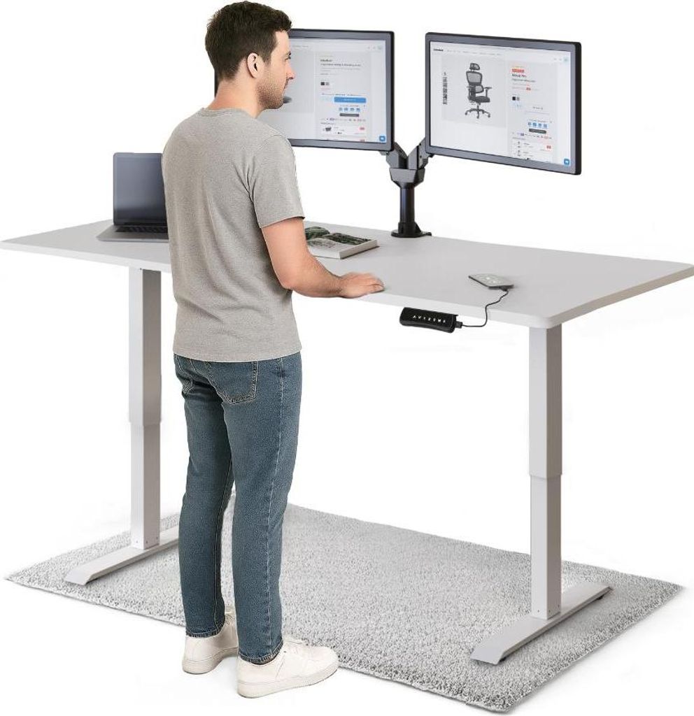 DESKSPACE PRO Elektrisch höhenverstellbarer Schreibtisch – 180x80 cm Memory & Kollisionsschutz, Computertisch Weiße Tischplatte / Weiße Gestell