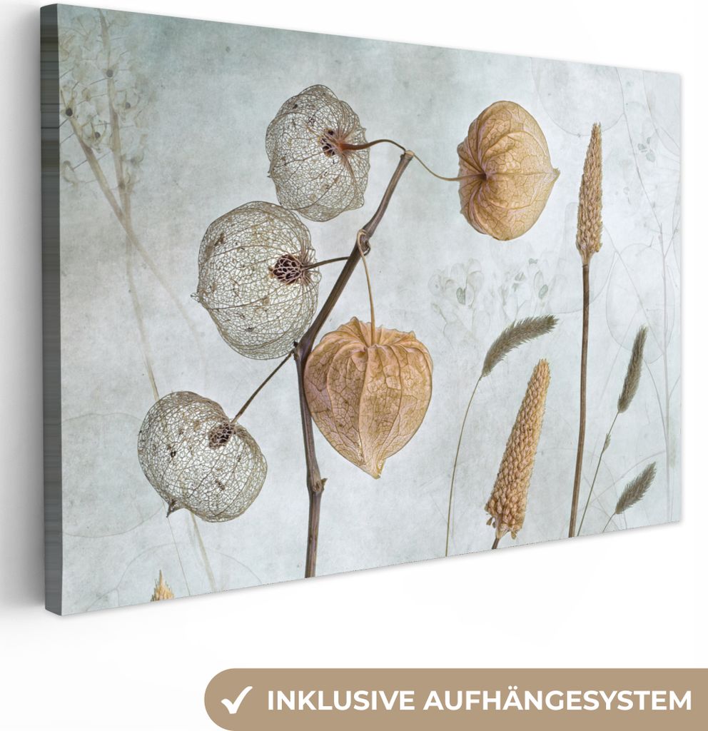 MuchoWow - Leinwandbilder - Stilleben - Natur - Herbst - Trockenblumen - Braun, Wandbild, Wanddeko Bilder Wohnzimmer, 120x80 cm