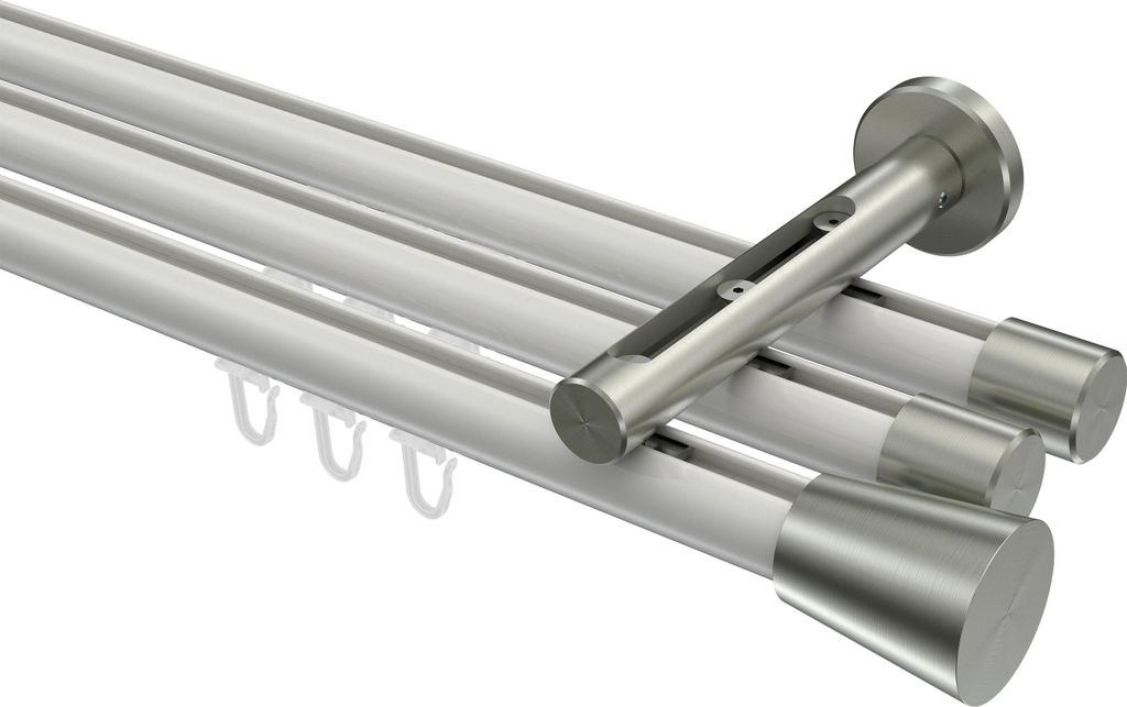 Interdeco Innenlaufstange / Gardinenstange mit Innenlauf Weiß / Edelstahl-Optik, Typ Siteno Sitra (Konus), 20 mm Ø 3-läufig, 260 cm