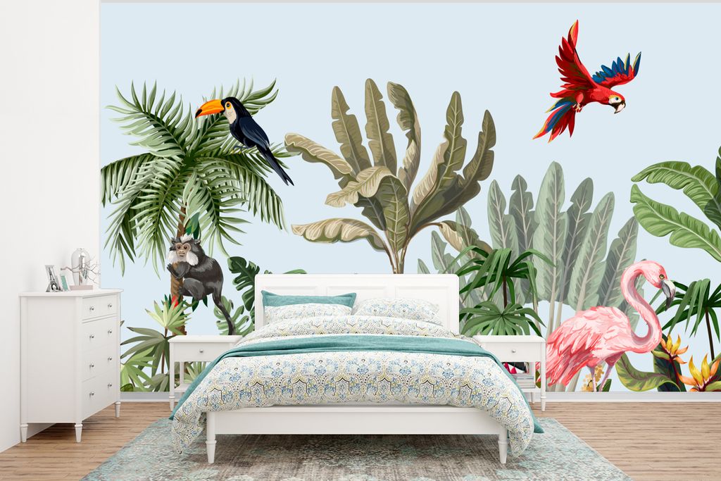 MuchoWow Fototapete für Wohnzimmer oder Schlafzimmer Wandtapete Vinyl Motivtapete Dschungel - Flamingo - Affe - Jungen - Mädchen - Kinder - 350...
