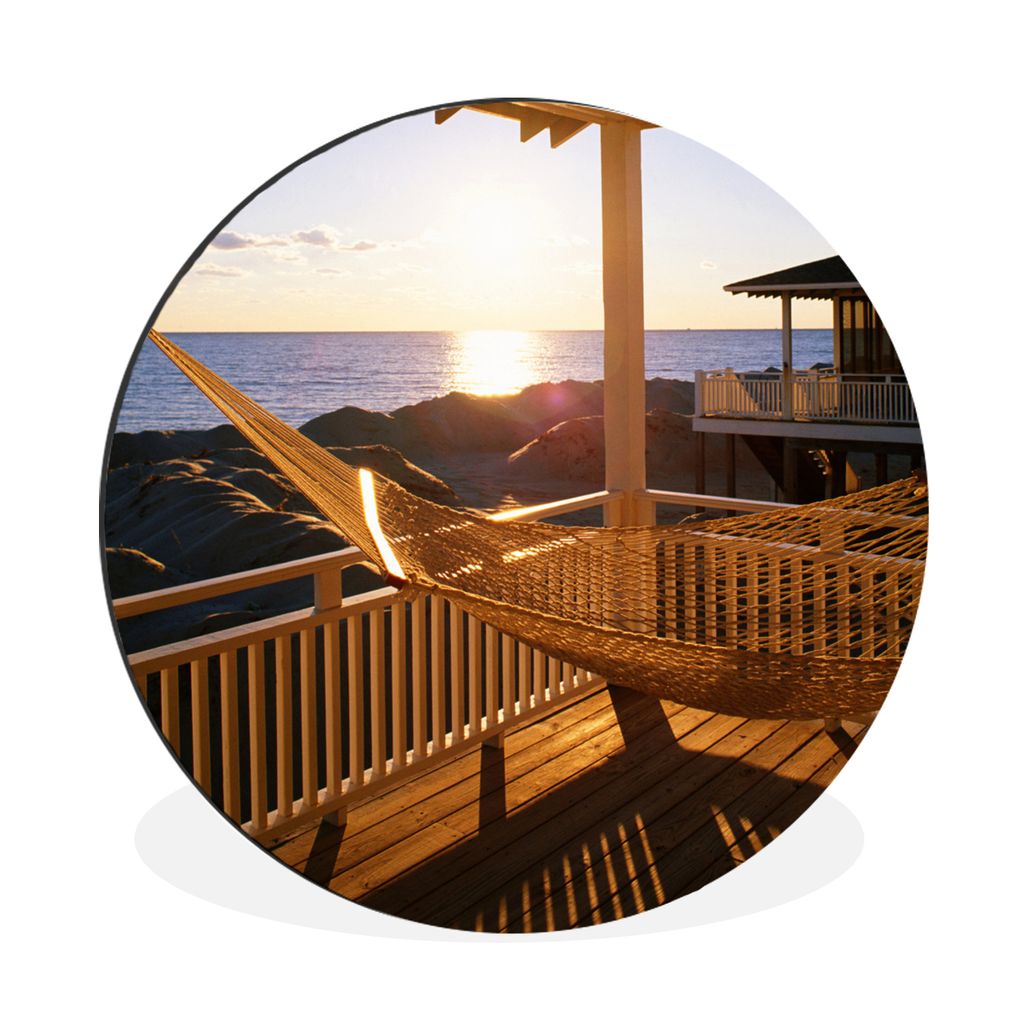MuchoWow Aluminium Wandkreis Hängematte in einem Strandhaus Ø 60 cm Wanddeko Modern Wohnzimmer - Wand Kreis - Wandbild - Schlafzimmer - Alumini...