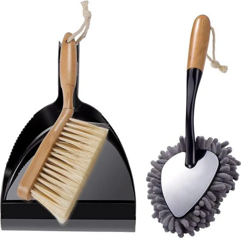 Lot de brosses en bambou et plumeau chenille avec pelle en métal robuste