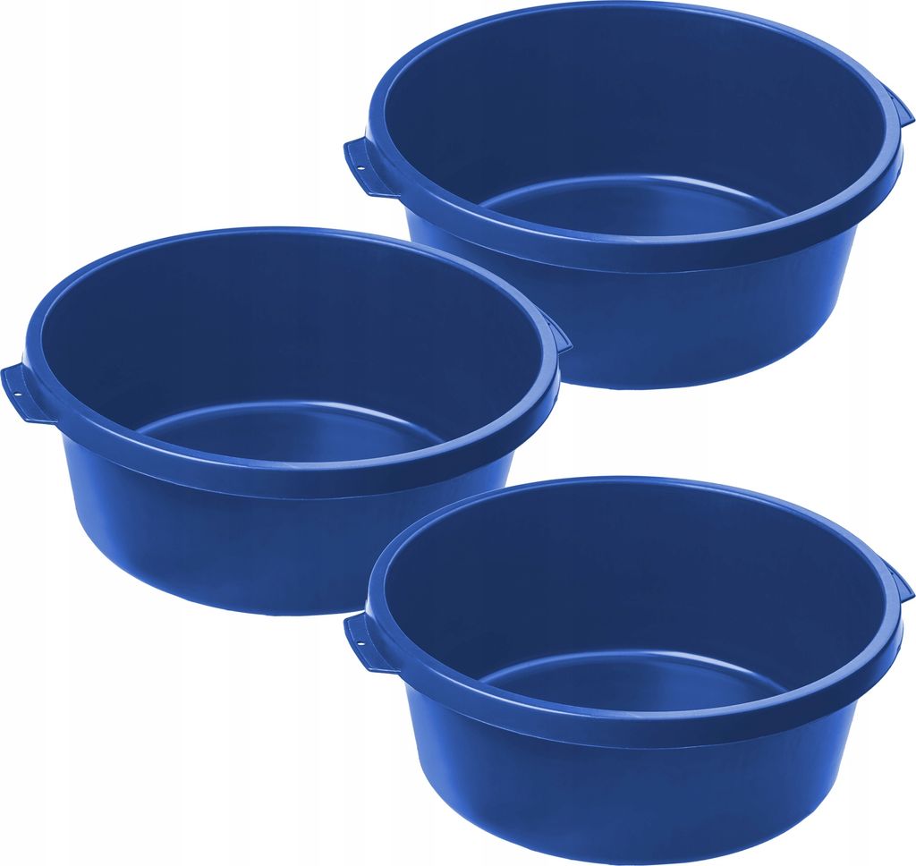 Three blue plastic tubs are arranged in a staggered formation against a white background.