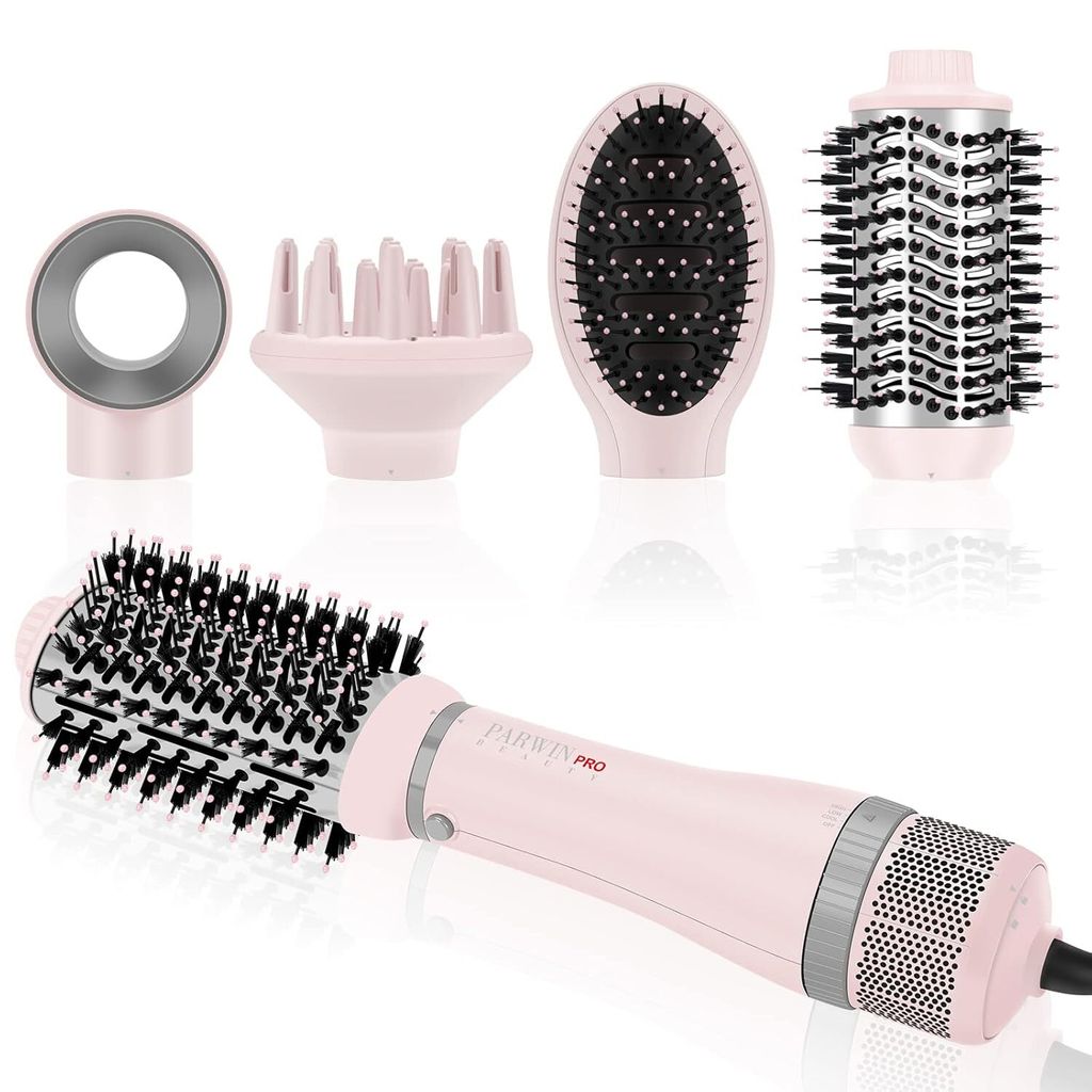 Styler-Set, Föhnbürste mit 4 Aufsätze zum Trocknen, Glätten, Volumen und Stylen, Ionen Pflege, 1000 Watt, Rosa