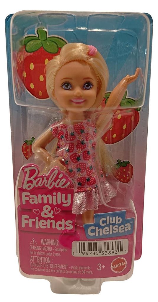 Mattel Barbie Club Chelsea Puppe 15 cm – Family & Friends Kinder-Spielzeug (3+) Süße kleine Barbie-Puppe mit Erdbeer-Kleid