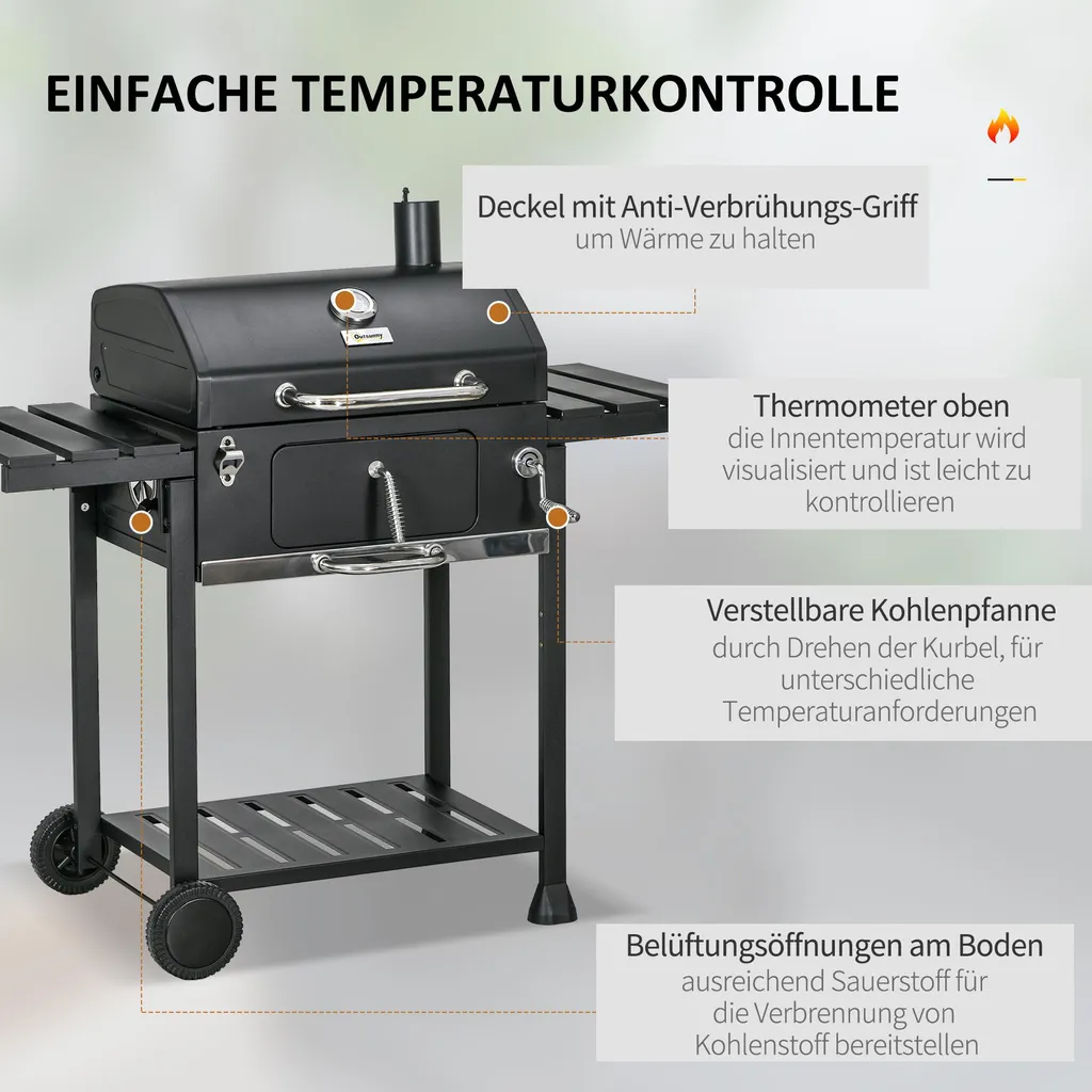 Barbecue charbon de bois surface 58x42 cm et tablettes rabattables