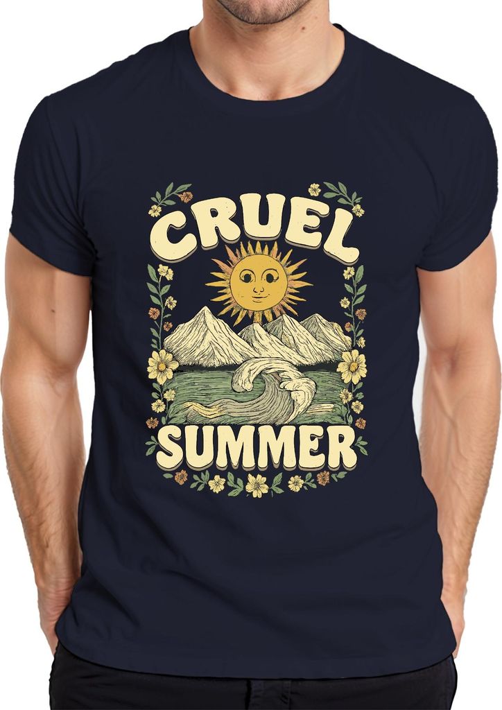 Cruel Summer Sonne Berge Welle Blumen Vintage Retro Boho Surfen Herren T-Shirt, Navy, XXL