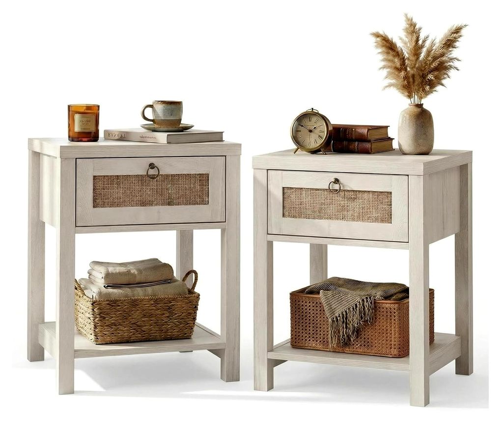 Rattan Nachttisch Set 2er, Beistelltisch im Landhausstil mit Schublade und Ablage, Böhmisches Sideboard für Schlafzimmer, Wohnzimmer, Flur, Gäst...