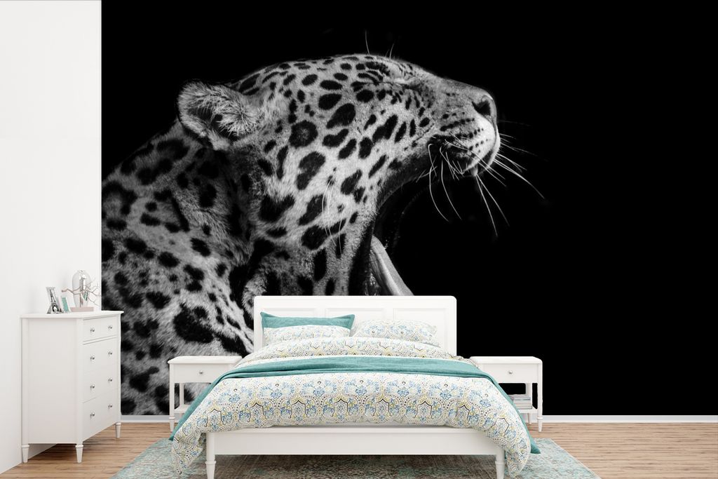 MuchoWow Fototapete für Wohnzimmer oder Schlafzimmer Wandtapete Vinyl Motivtapete Jaguar - Tier - Schwarz - Weiß - 525x350 cm - Das Hintergrund...