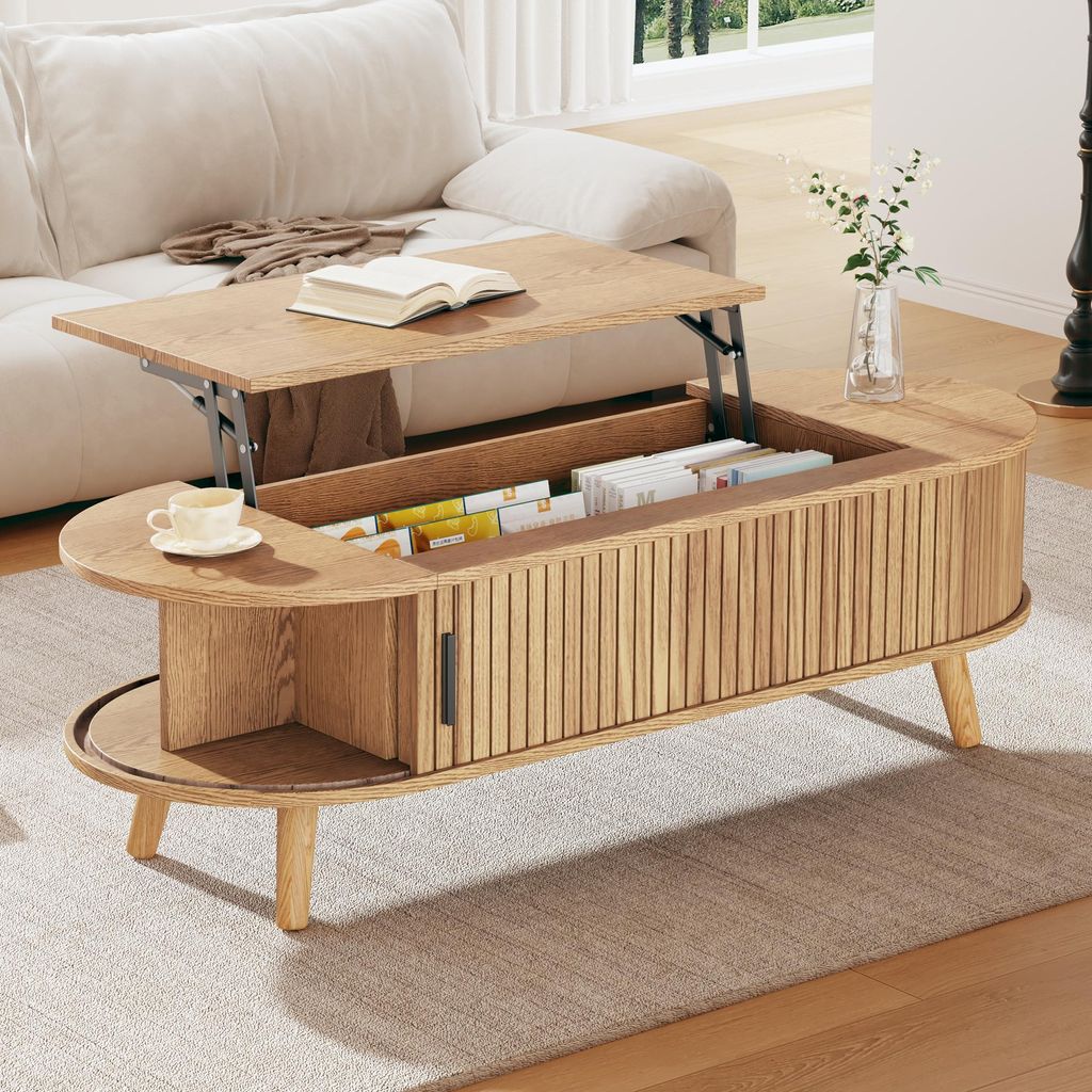 A coffee table with a lift-top and storage is shown in a living room setting.