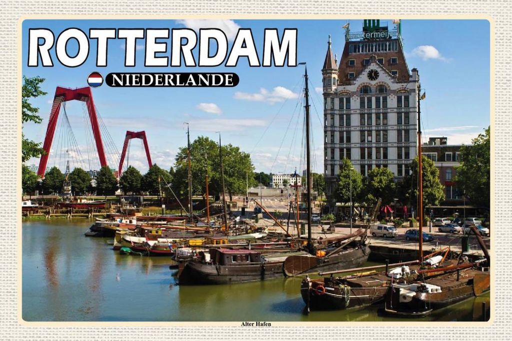 vianmo Holzschild 12x18 cm Rotterdam Niederlande Alter Hafen Boote Bildmotiv Reisemotiv Abenteuer Reisen