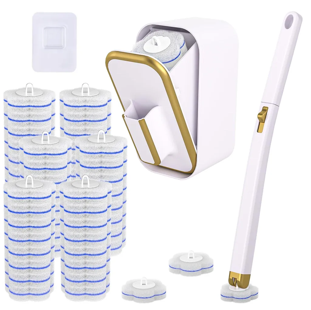 Brosse de toilettes jetable avec 48 recharges et support de rangement