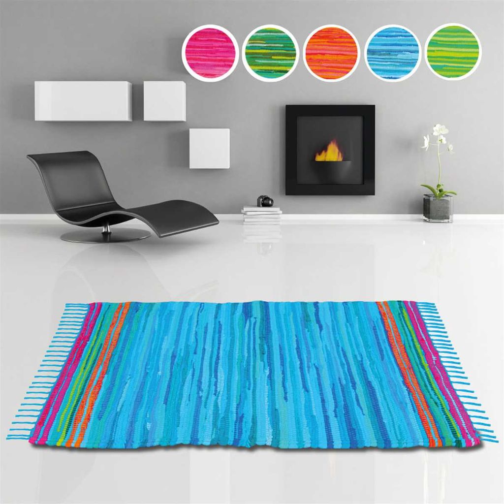 Flickenteppich handgewebter Teppich aus Baumwolle, stylischer und strapazierfähiger Fleckerlteppich (90 x 150cm / blau - dunkelblau)