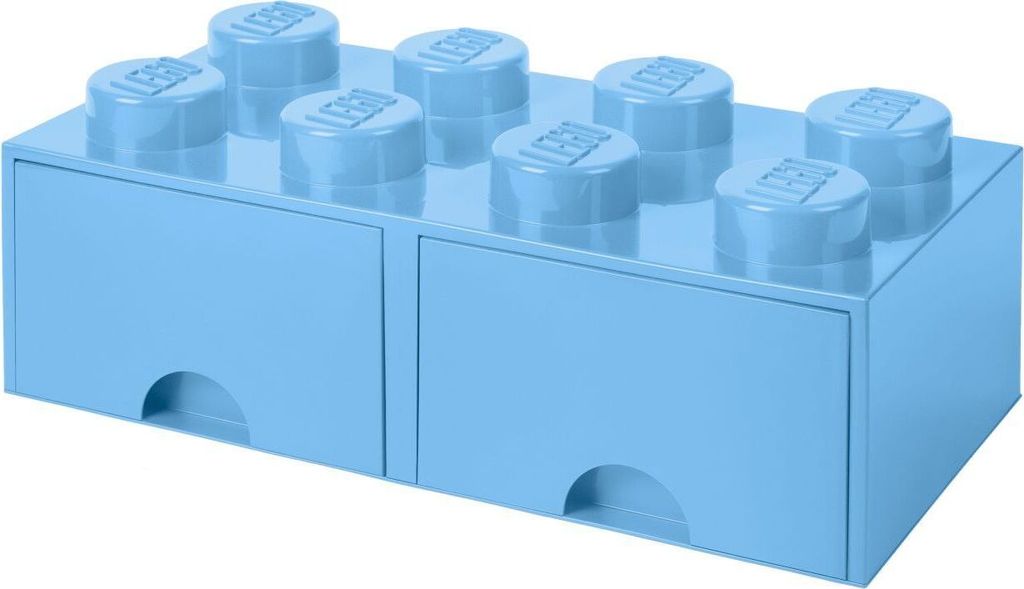 A light blue LEGO brick storage box with two drawers.