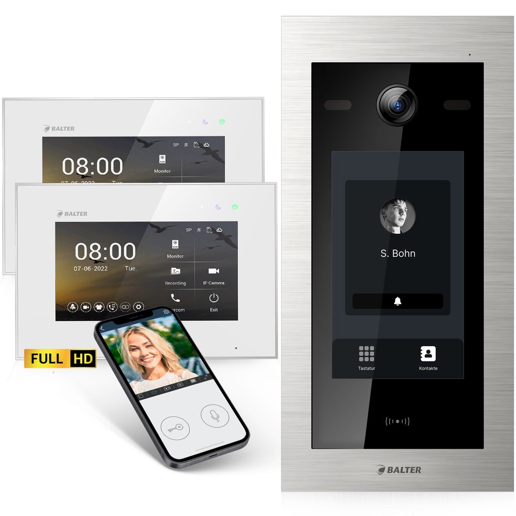 Balter EVO-HD Video Türsprechanlage mit Touchscreen Türstation, Video Türklingel, App, 2 Familienhaus, 2x 7 Zoll Monitor, Full HD, 2 Draht Bus