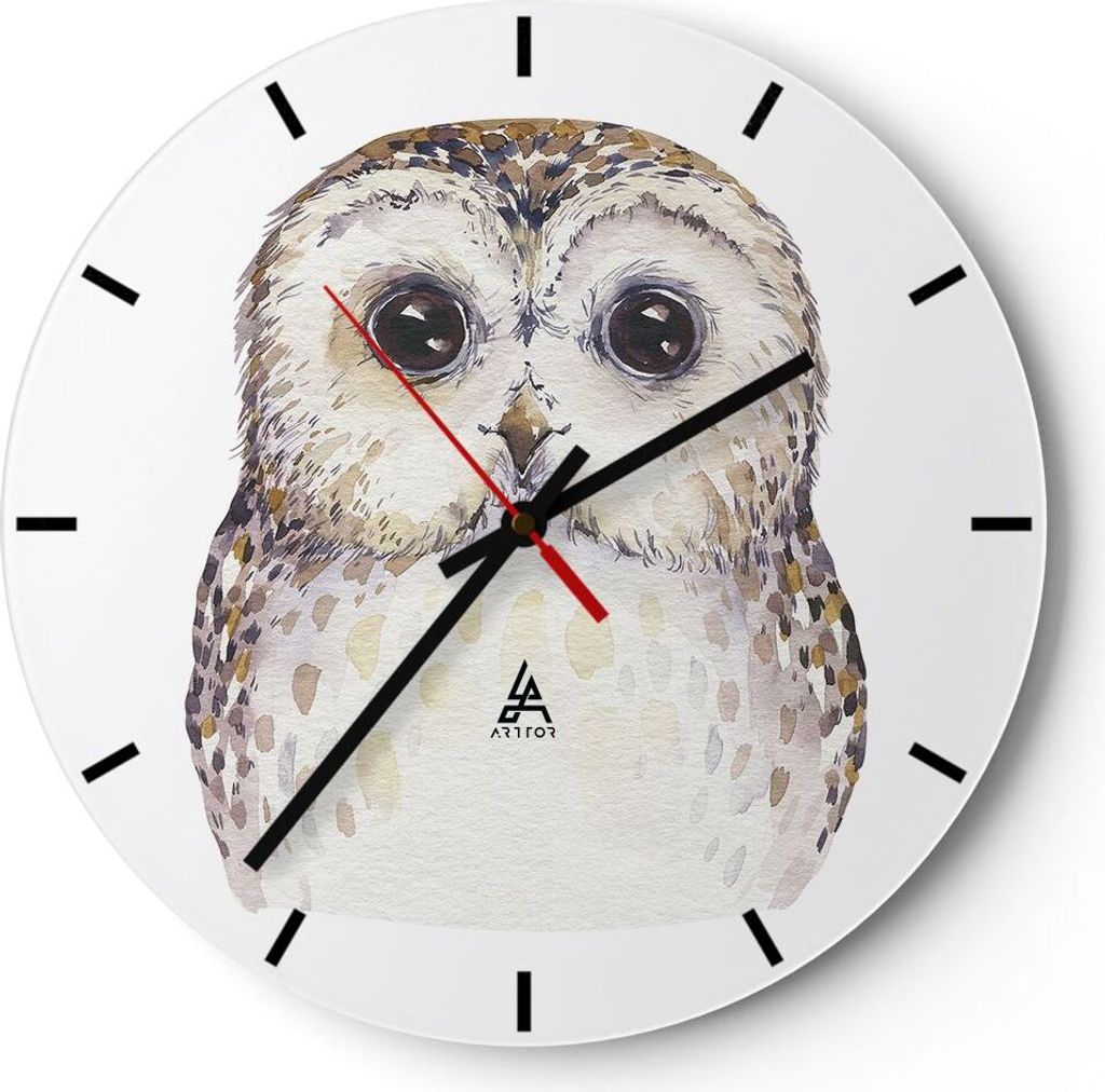 Wanduhr - Rund - Glasuhr - Eule Waldkauz Grafik - 40x40cm - Schleichendes Uhrwerk - Lautlos - zum Aufhängen bereit - Dekoration Modern - Wanddekor...
