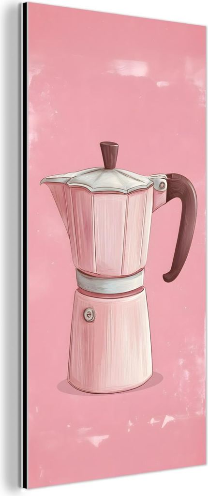 MuchoWow Wanddekoration Metall Metallbild Wandkunst 20x40 cm Rosa - Becher Kanne - Illustration - Kaffee MuchoWow Aluminium Gemälde - Aluminium Ge...