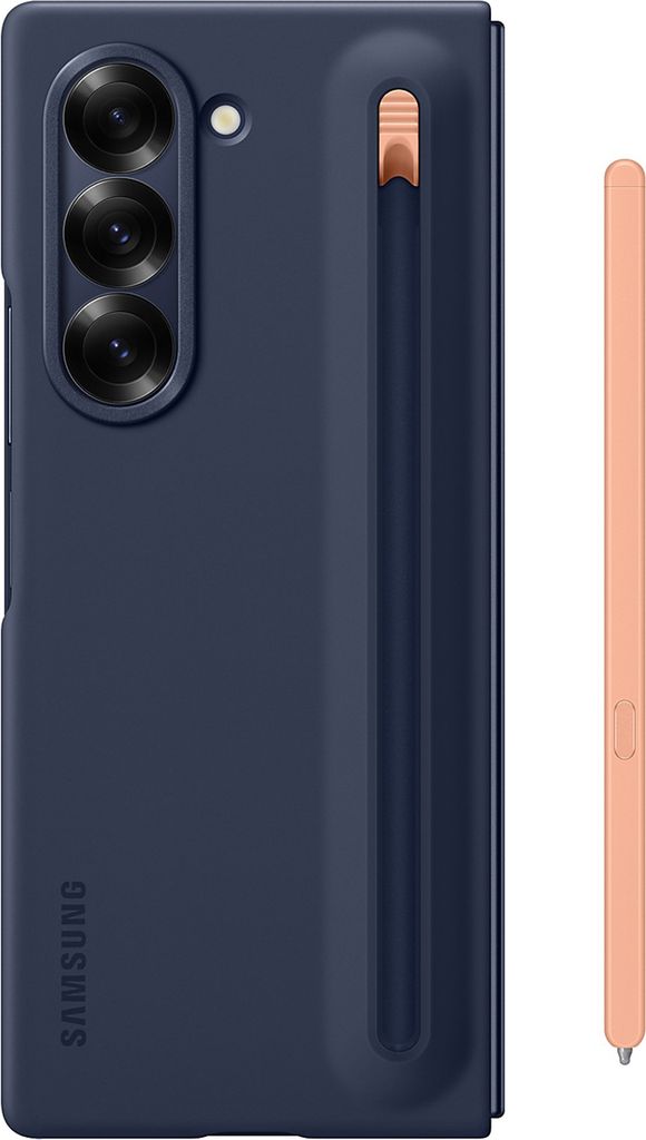 A dark blue phone case with a rose gold S-pen holder and a rose gold S-pen are shown against a white background.