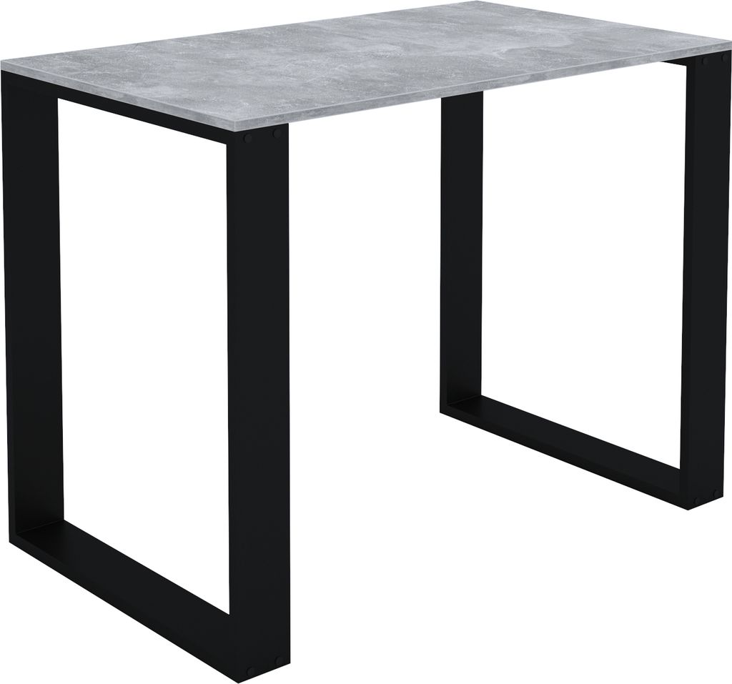 A product shot of a table with a concrete-look top and black metal legs, presented on a white background.