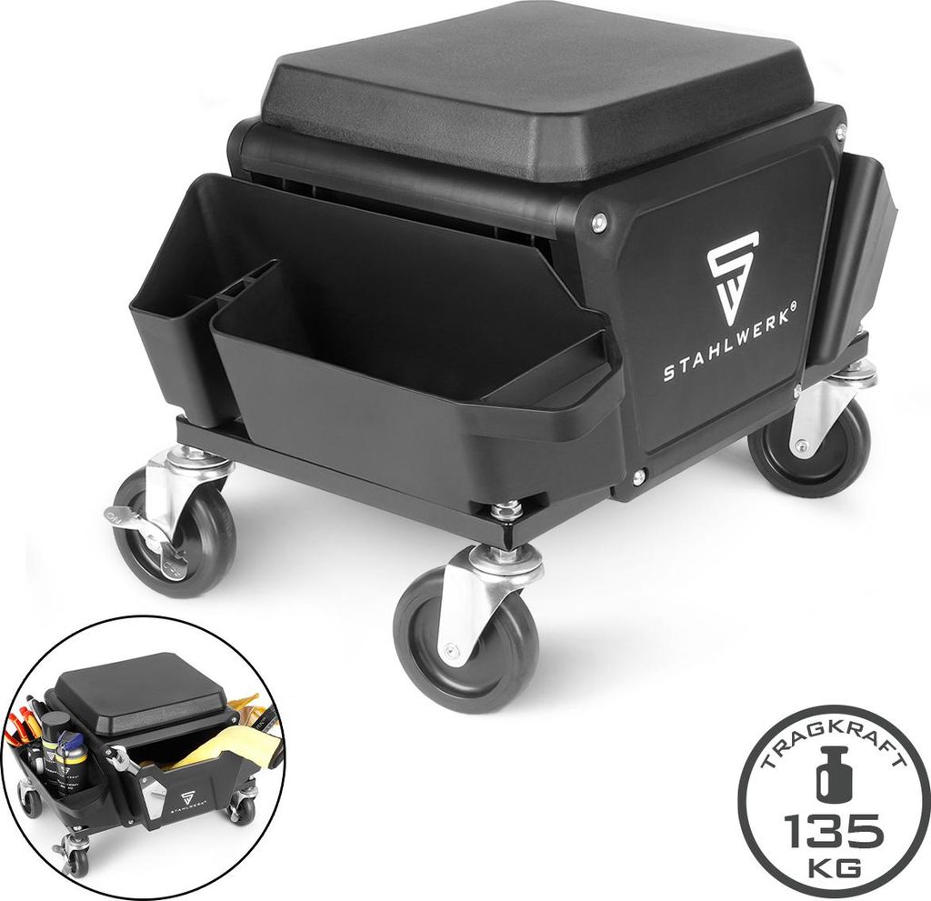 STAHLWERK mobiler Werkstatthocker mit Schublade und Seitenfächern Traglast 135kg