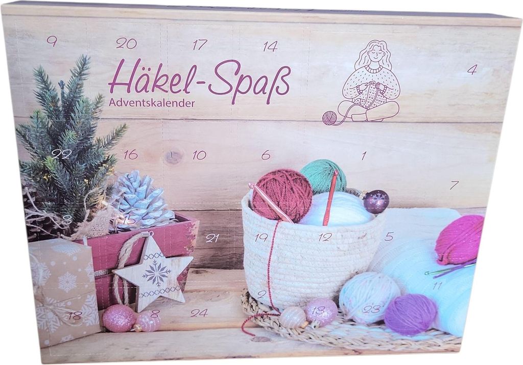 An advent calendar with a Christmas theme, featuring crochet supplies like yarn and hooks, along with decorative elements like a small Christmas tree and presents.